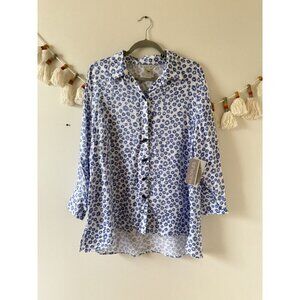 Multiples Blue Printed Button Down Tunic Raglan Top Coastal Artsy Lagenlook NWT